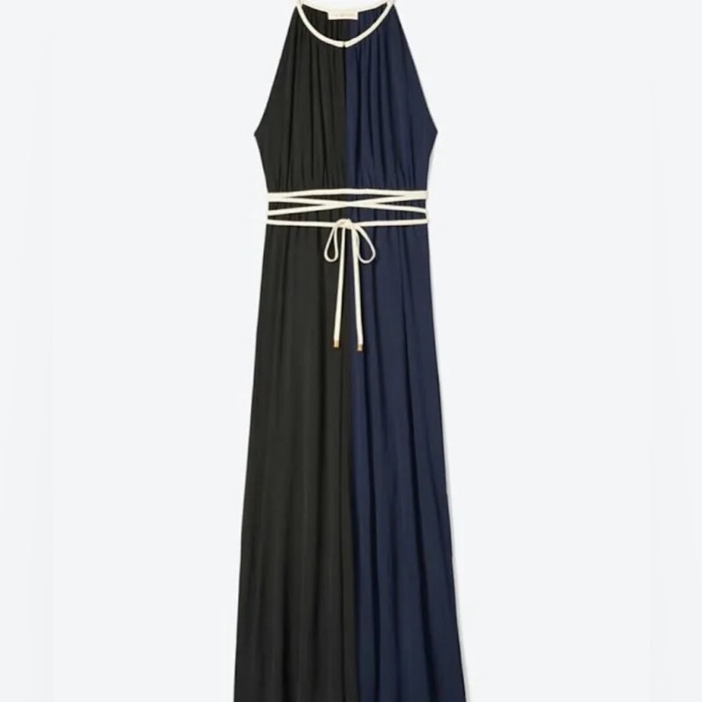 Tory Burch Colorblock Tie Waist Black and Navy Maxi Dress